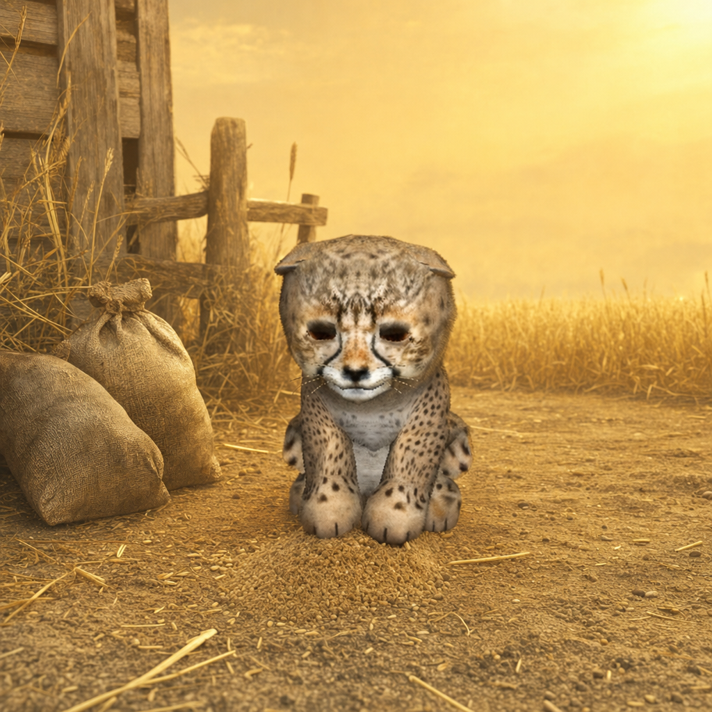 Dust Cub sitting beside grain sacks at sunset